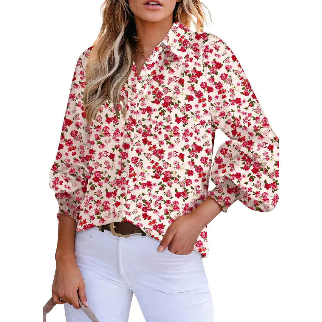 Women's Floral Chiffon Button Down Blouse – V Neck Long Sleeve Casual Boho Shirt
