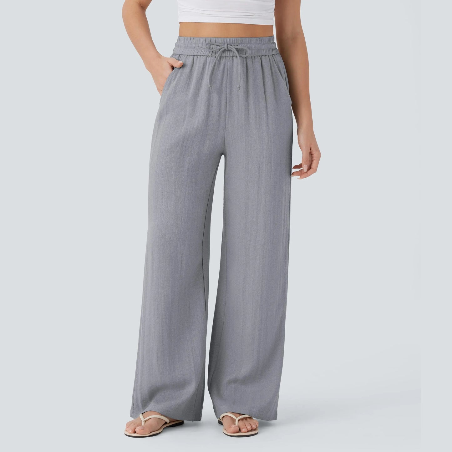 High Waisted Drawstring Pocket Wide Leg Baggy Casual Linen-Feel Pants