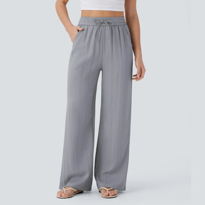 High Waisted Drawstring Pocket Wide Leg Baggy Casual Linen-Feel Pants