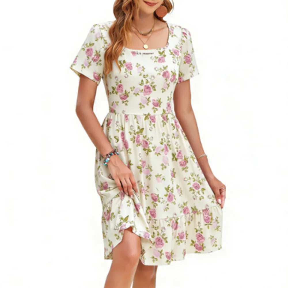 🔥Women Square Neck Floral Dress Ruffle Empire Waist A-Line Sundress with Pockets