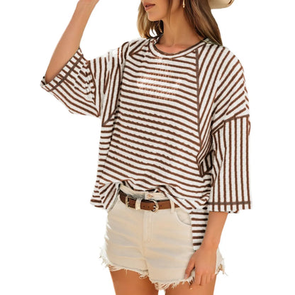 Women's Oversized Striped Color Block Tee – Soft Summer Short Sleeve Casual Top