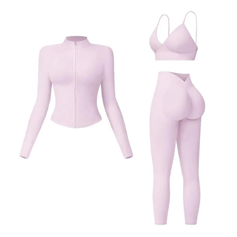 Women's tank top, high-waisted leggings, and zip-up jacket 3-piece sportswear set.