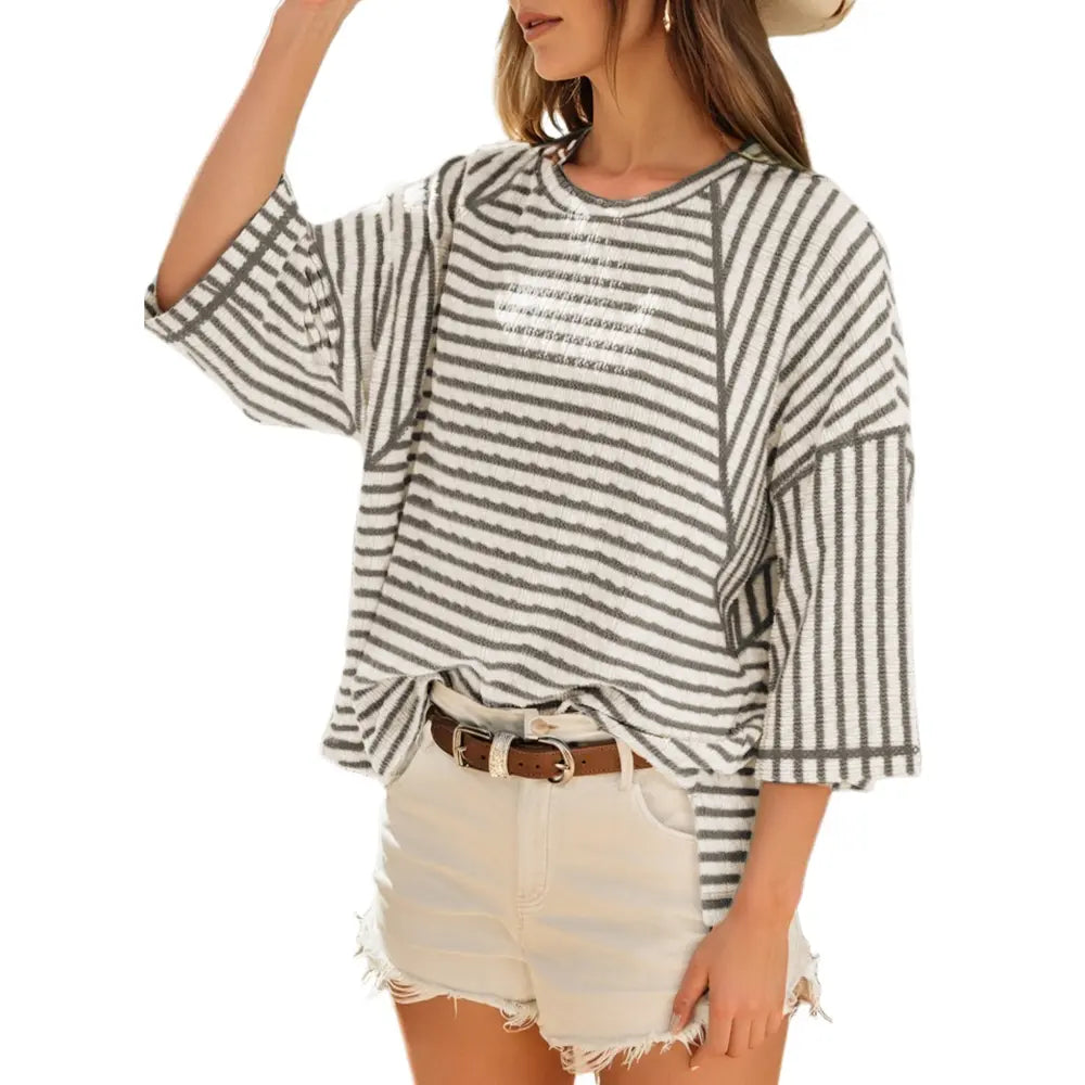 Women's Oversized Striped Color Block Tee – Soft Summer Short Sleeve Casual Top