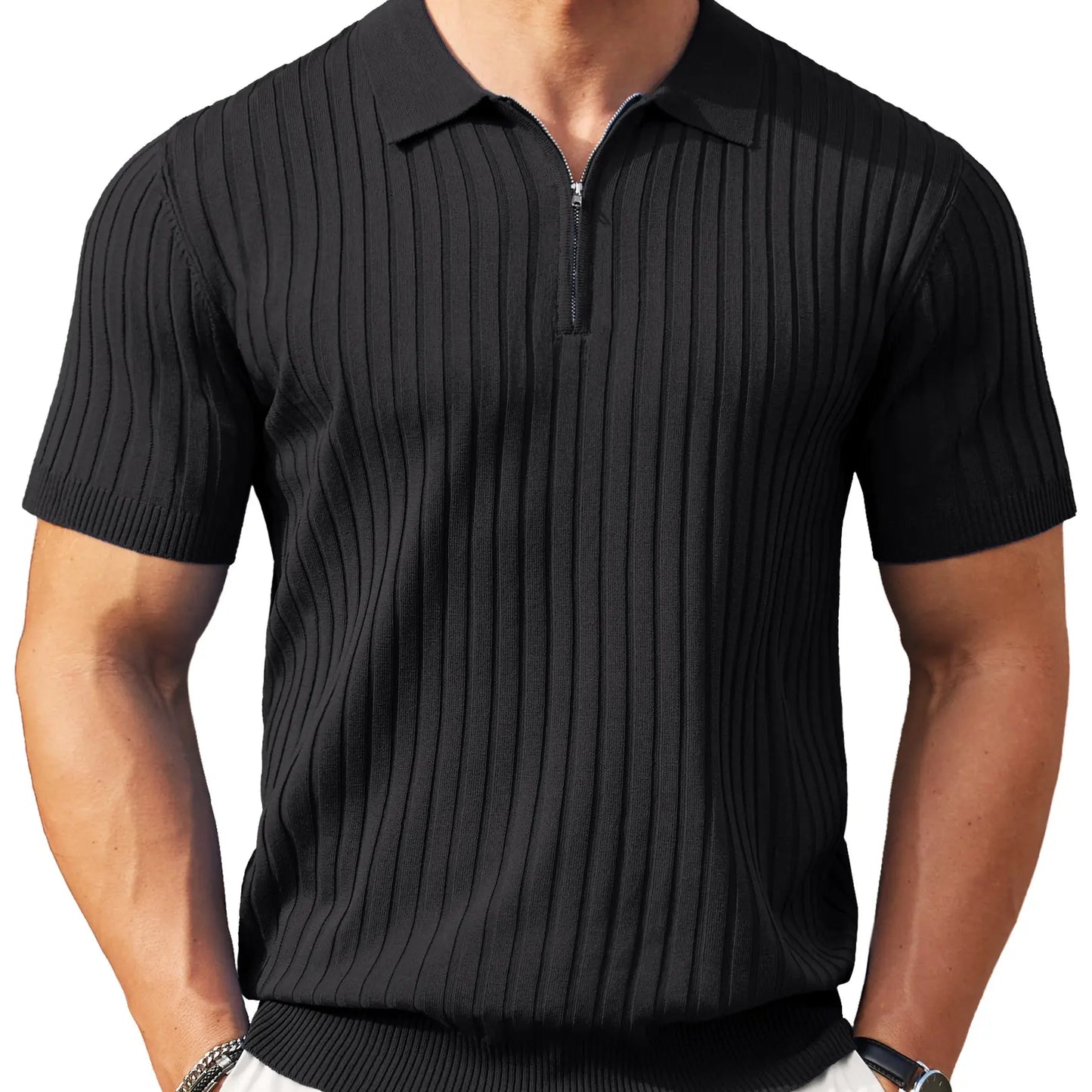 8.1K+ SOLD! |Men's Ribbed Knit 1/4 Zip Polo Shirt – Short Sleeve Casual Golf Sweater Polo for Business Casual, Travel & Everyday Wear