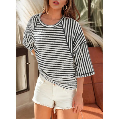 Women's Oversized Striped Color Block Tee – Soft Summer Short Sleeve Casual Top