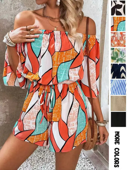 Boho Off Shoulder Romper for Women | Adjustable Tie Waist | Lightweight Summer Beach Vacation Jumpsuit