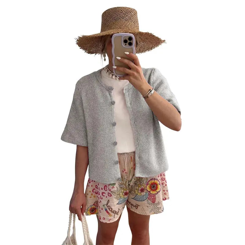 Women's Short Sleeve Knit Cardigan - Crew Neck Button Down Lightweight Ribbed Summer Layering Top