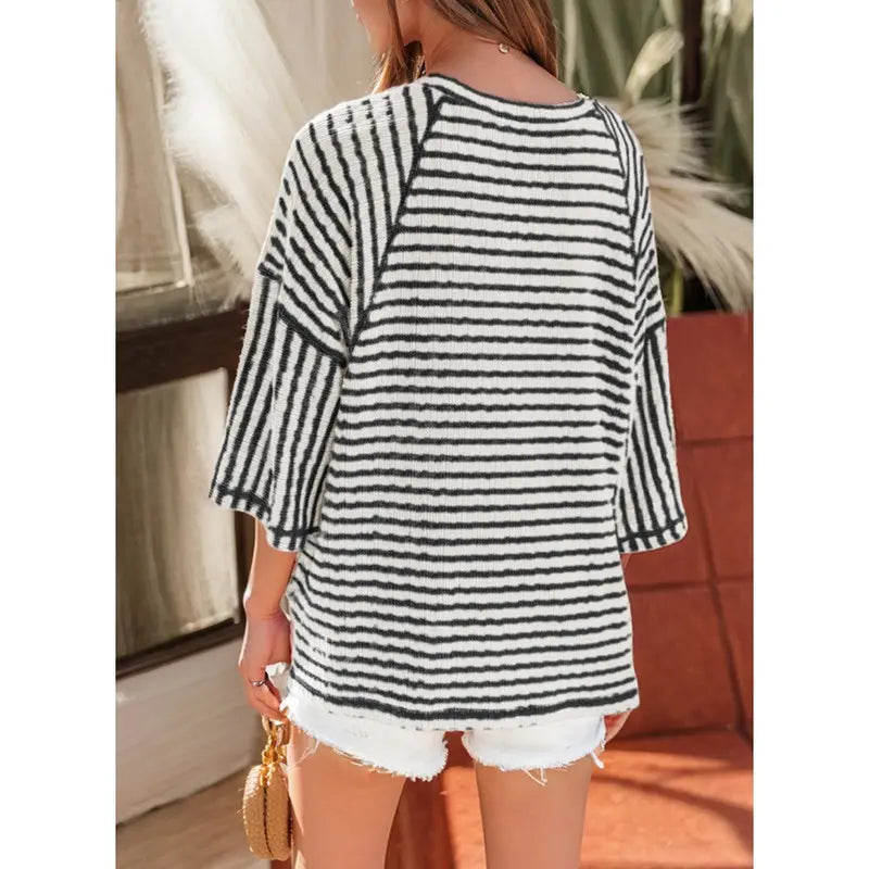 Women's Oversized Striped Color Block Tee – Soft Summer Short Sleeve Casual Top