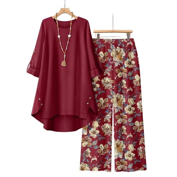 Women's Cotton Linen Half Sleeve Top ＆ Pants Set – Breathable & lightweight