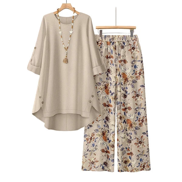 Women's Cotton Linen Half Sleeve Top ＆ Pants Set – Breathable & lightweight