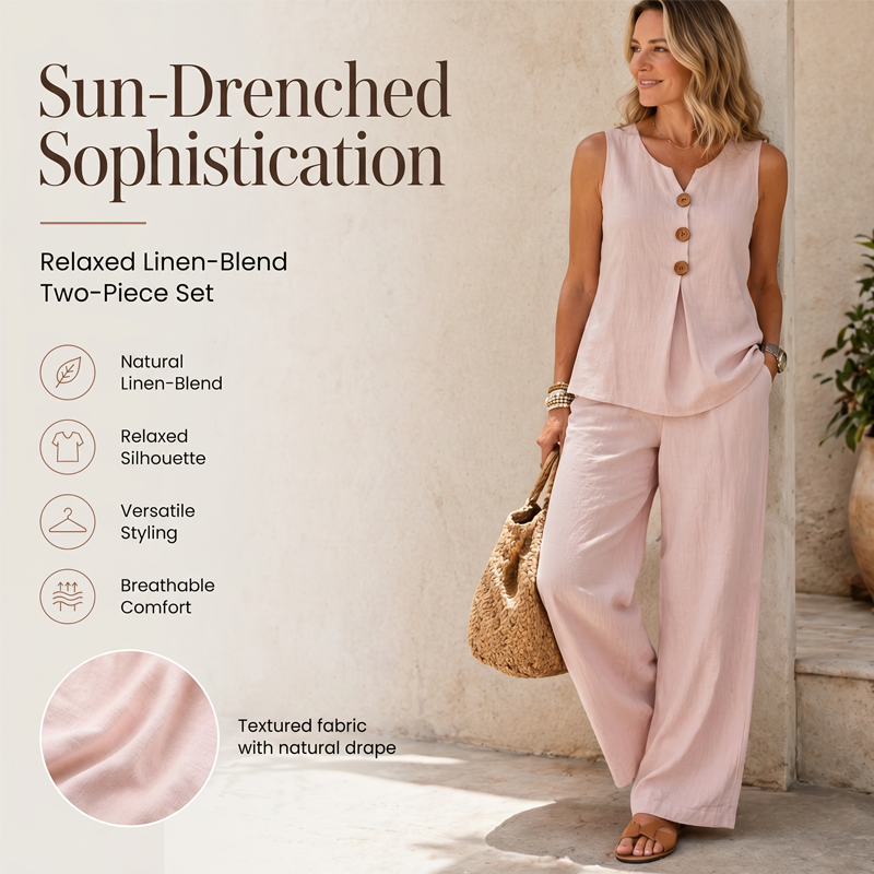 🌿Women's Natural Linen-Blend Sleeveless Button Top and Loose Pants Set