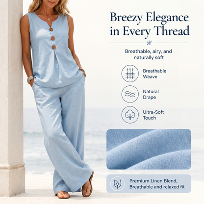 🌿Women's Natural Linen-Blend Sleeveless Button Top and Loose Pants Set