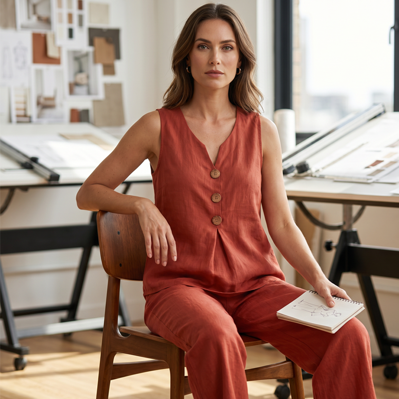🌿Women's Natural Linen-Blend Sleeveless Button Top and Loose Pants Set
