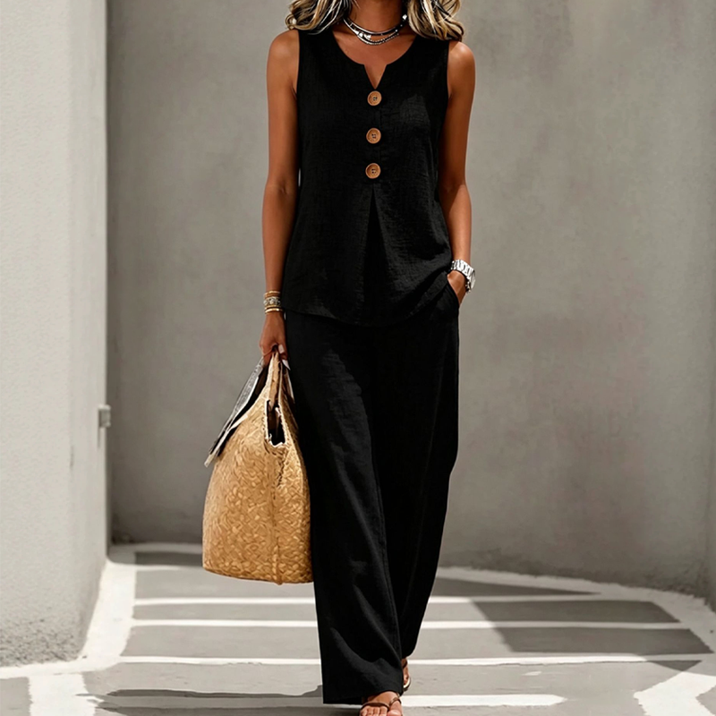 🌿Women's Natural Linen-Blend Sleeveless Button Top and Loose Pants Set