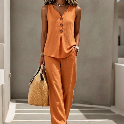 🌿Women's Natural Linen-Blend Sleeveless Button Top and Loose Pants Set