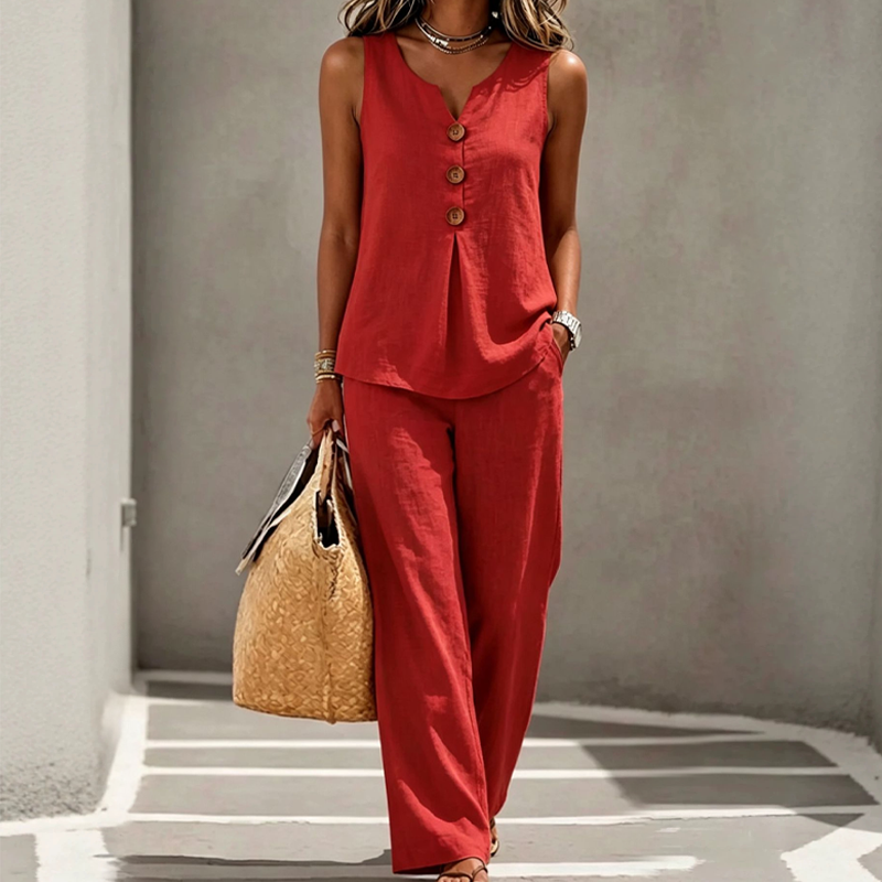 🌿Women's Natural Linen-Blend Sleeveless Button Top and Loose Pants Set