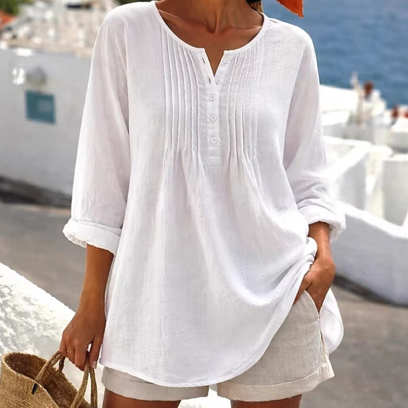 Women's Long Sleeve Pleated Henley Neck Blouse