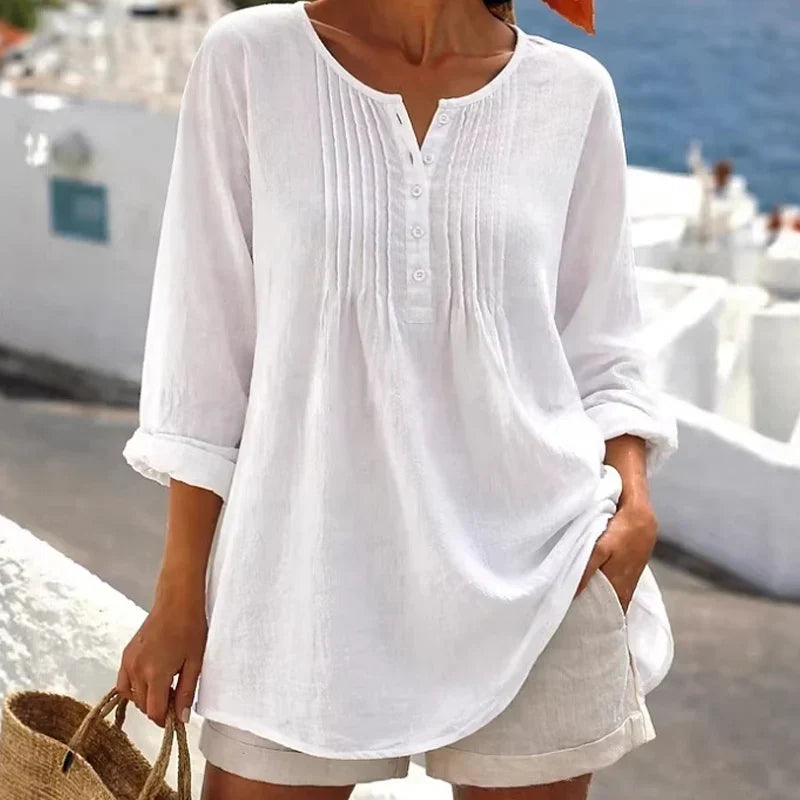 Women's Casual Pleated Henley Blouse – Long Sleeve Relaxed Fit Top
