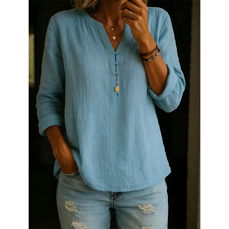 🌿Cotton And Linen Casual V Neck Button Up Long Sleeve Shirt